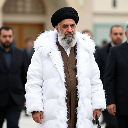 Photograph of an older Middle Eastern man with a white fur coat, black turban, gray beard, and brown vest, standing outdoors with blurred men