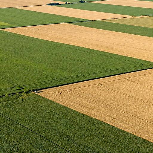 Aerial photograph of vibrant green and golden yellow, alternating patchwork fields under bright sunlight, with a thin, dark line dividing them.