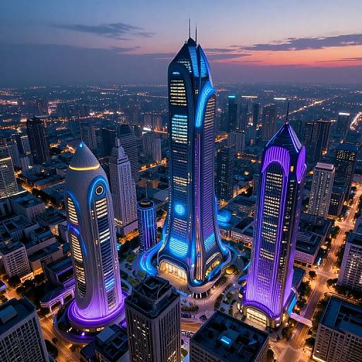 Aerial photograph of a cityscape at dusk featuring three futuristic skyscrapers with glowing blue and purple neon lights, surrounded by darkened buildings and illuminated
