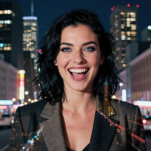 Photograph of a smiling woman with blue eyes, black wavy hair, wearing a glittery brown blazer, in a brightly lit, nighttime urban