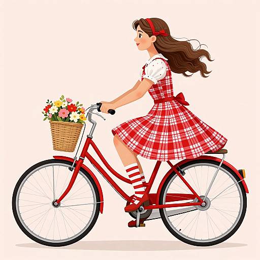 Illustration of a young girl with brown hair in a red plaid dress and headband, riding a red bicycle with a flower basket, wearing striped