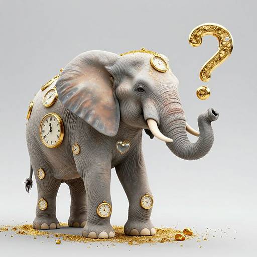 Photorealistic digital artwork of a gray elephant adorned with gold clocks and question marks, holding a clock in its trunk.