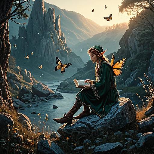 Elf Reading on Rocky Riverbank at Dawn