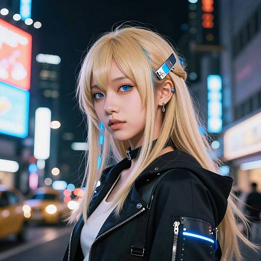Digital anime-style photograph of a blonde woman with blue eyes, wearing a black jacket and futuristic hair clips, in a neon-lit, bustling city street