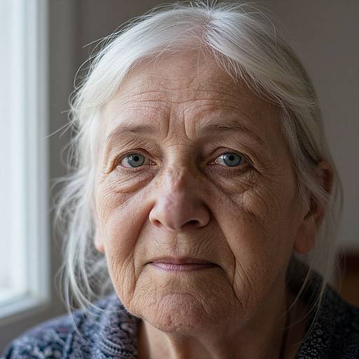 Close-up photograph of an elderly woman with white hair, blue eyes, and wrinkled skin, wearing a dark, textured sweater, standing near a brightly