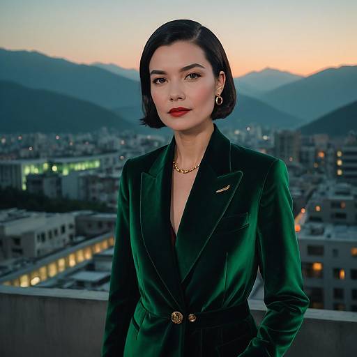 Elegant Woman in Emerald Velvet Tuxedo at Twilight