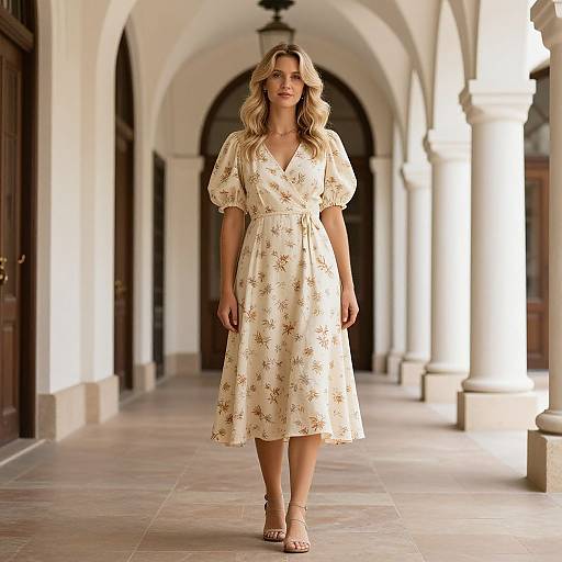 Blonde woman with wavy hair in a cream floral dress and sandals walks down a sunlit, arched colonnade corridor. Photograph.
