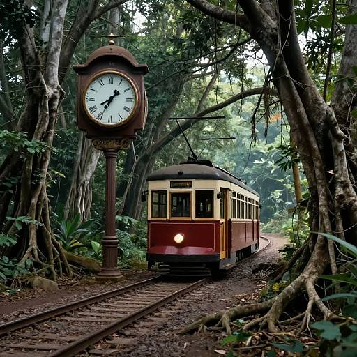 Vintage red and cream tram on forested railway, with ornate clock on left, surrounded by towering trees and dense greenery.