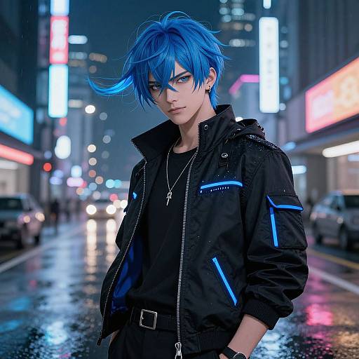 Blue Haired Anime Man in Futuristic City