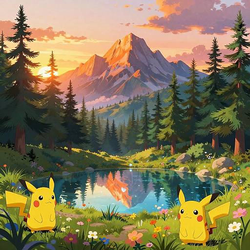 Mystical Pokemon Mountain Sunset Scene