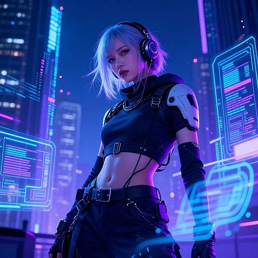 Digital artwork of a cyberpunk woman with blue hair, wearing headphones, black crop top, and gloves, surrounded by neon city lights.
