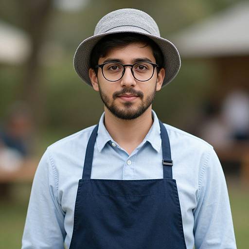 Photograph of a young man with brown skin, black glasses, gray hat, black apron, and light blue shirt, standing outdoors.