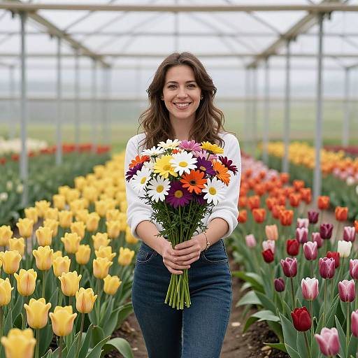 Photograph of a smiling woman with wavy brown hair, wearing a white long-sleeve shirt and blue jeans, holding a bouquet of colorful tul
