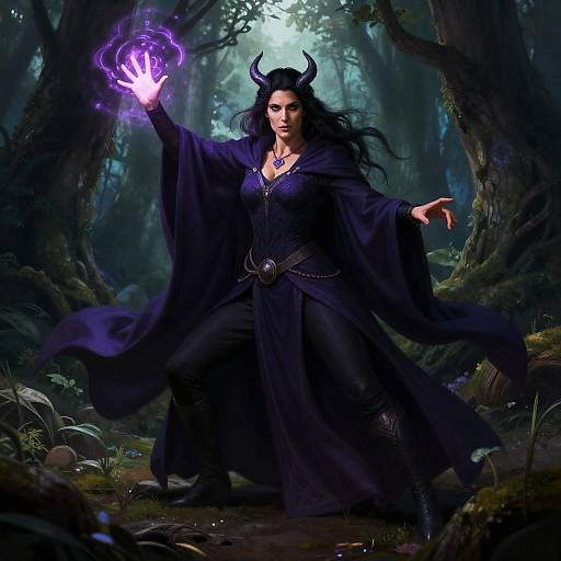 Digital fantasy artwork of a dark-haired witch with horns, in a flowing purple robe, casting a glowing purple spell in a mystical forest.
