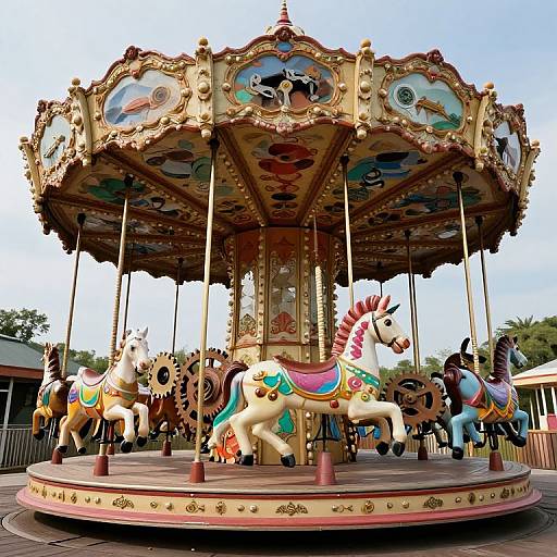 Colorful, ornate carousel with decorative horses and vibrant trims, set against a clear blue sky, featuring detailed paintings on the canopy.