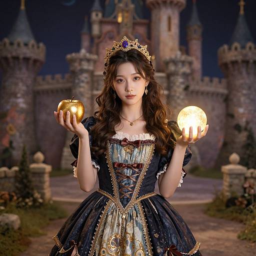 Digital artwork of a young woman with long brown hair, wearing a detailed black and gold princess dress, holding glowing apples, in front of a medieval castle