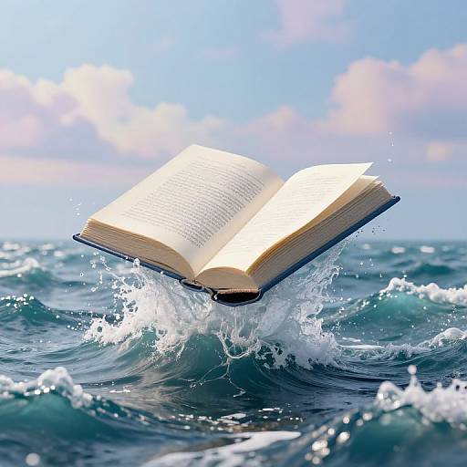 Photograph of an open book floating on turbulent ocean waves under a bright blue sky with scattered clouds.
