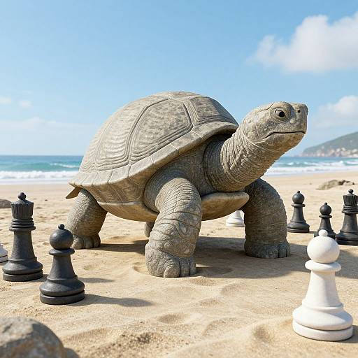 Photograph of a realistic, detailed turtle statue on a sandy beach with black and white chess pieces surrounding it, ocean and blue sky in the background.