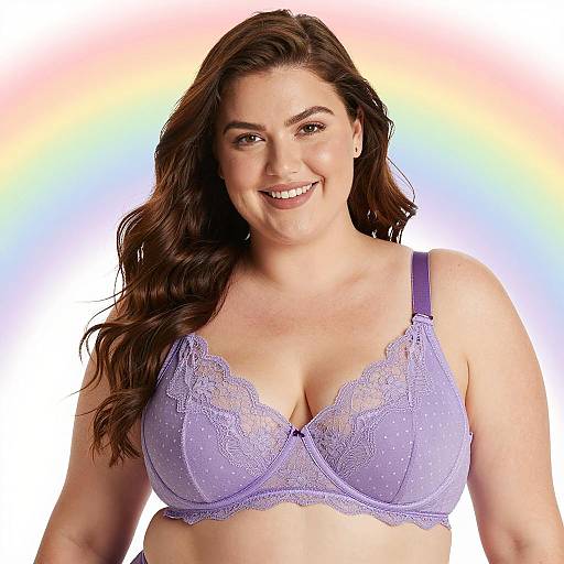 Smiling Curvy Woman in Purple Lace Bra with Rainbow Background