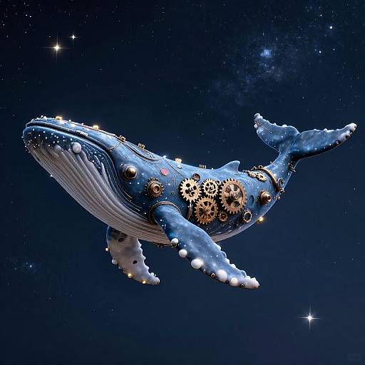 Digital artwork of a blue whale with intricate, golden gears embedded in its body, floating in a starry, dark blue space.