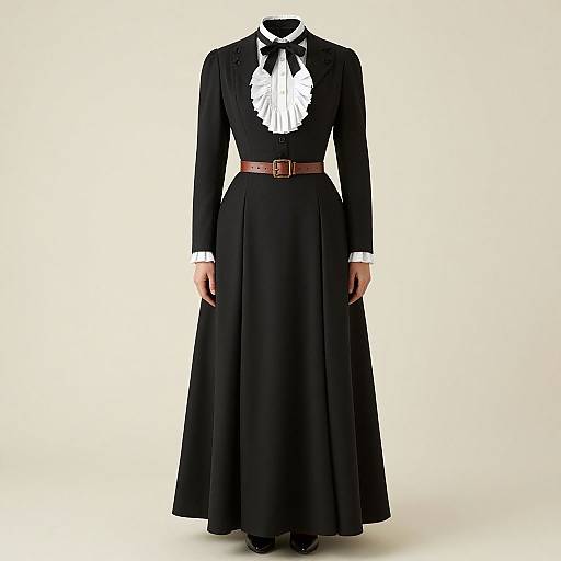 Photograph of a headless black Victorian-style dress with white ruffled collar, brown belt, and long sleeves, standing against a plain white background.