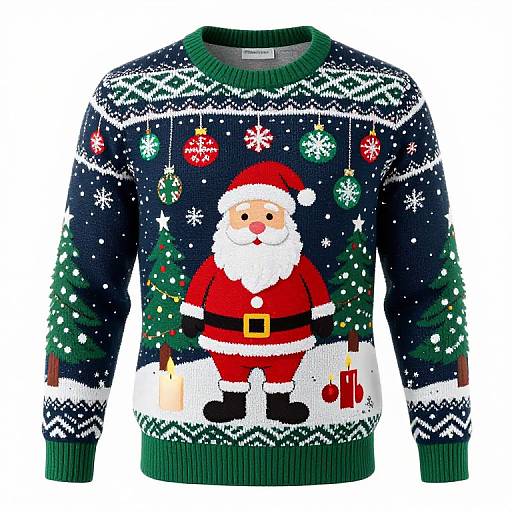 Photograph of a festive Christmas sweater with a large Santa Claus graphic, red and white colors, and dark navy background with white snowflakes and green