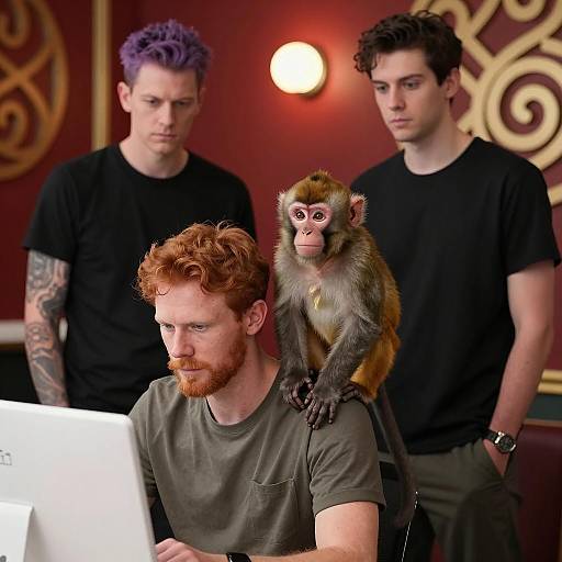 Young Men with Monkey in Modern Room