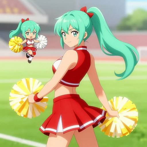 Digital anime-style illustration of a green-haired cheerleader with a red outfit and yellow pom-poms, looking back, with a smaller, floating version of
