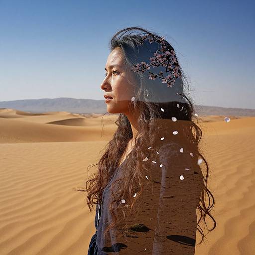 Photograph of a woman with long, wavy brown hair and floral headpiece, standing in a sunlit desert with golden sand dunes, blue