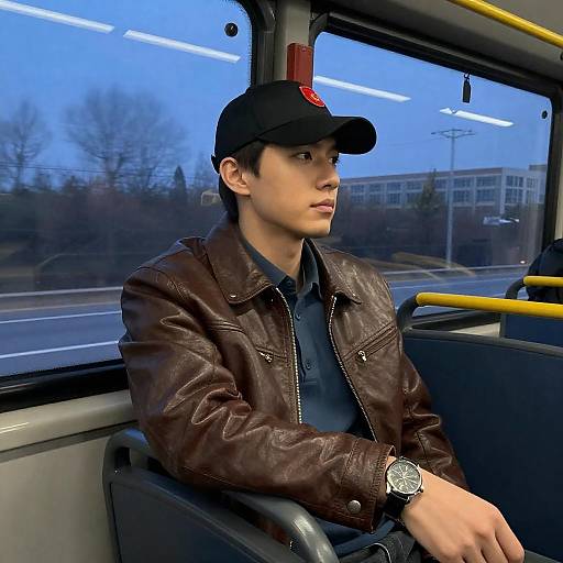 Man in Leather Jacket on Bus at Dusk