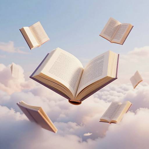 Photograph of open books floating in a clear blue sky with fluffy white clouds, creating a dreamy, ethereal atmosphere.