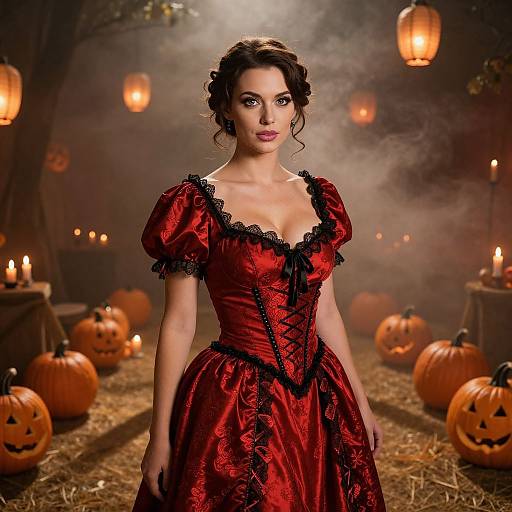 Photograph of a woman with dark hair in a Victorian red lace dress, standing in a Halloween-themed setting with glowing lanterns and carved pumpkins.