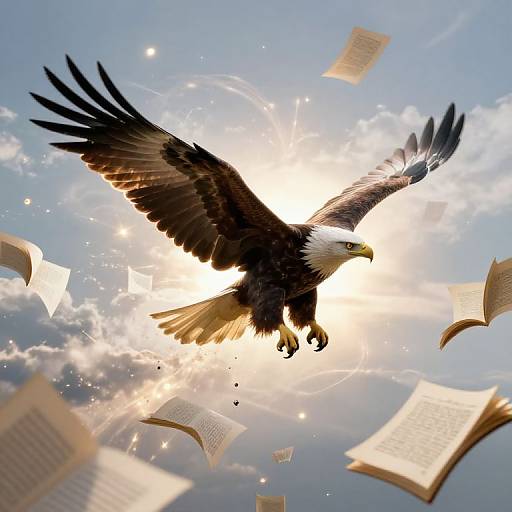 Photograph of a majestic bald eagle soaring against a bright, sunlit sky with scattered open books and sparkling light effects.