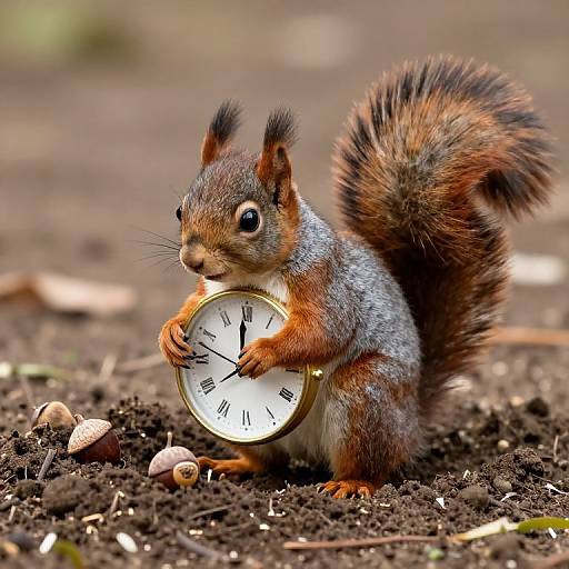 Photograph of a small, brown, bushy-tailed squirrel holding a gold pocket watch in its paws, standing on dark, textured soil.