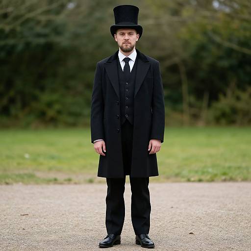 Photograph of a bearded man in Victorian-style black coat, waistcoat, tie, and top hat, standing on a gravel path with a blurred