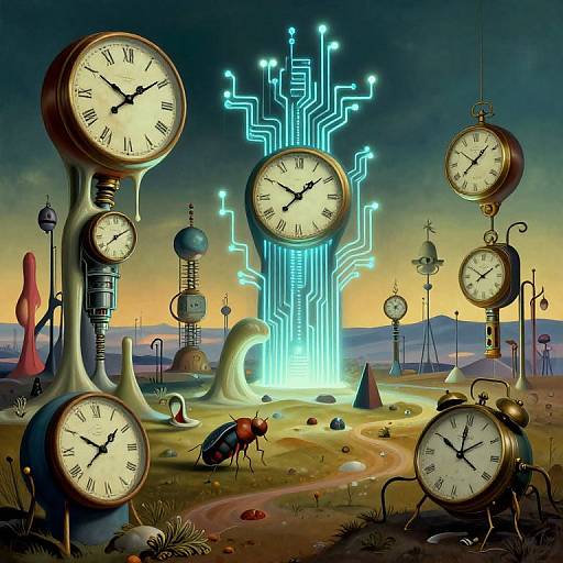 Surreal digital artwork: Clocks with glowing blue circuitry rising from a desert, surrounded by insects and bizarre, futuristic structures.