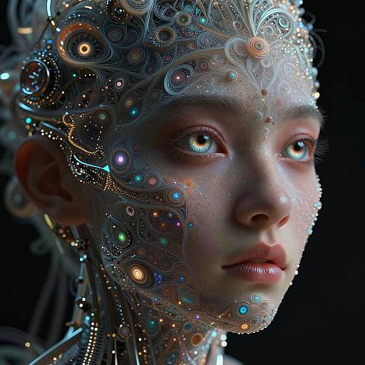 Digital artwork of a futuristic, cybernetic face with glowing, multicolored eyes and intricate, swirling patterns of lights and wires. Dark background.