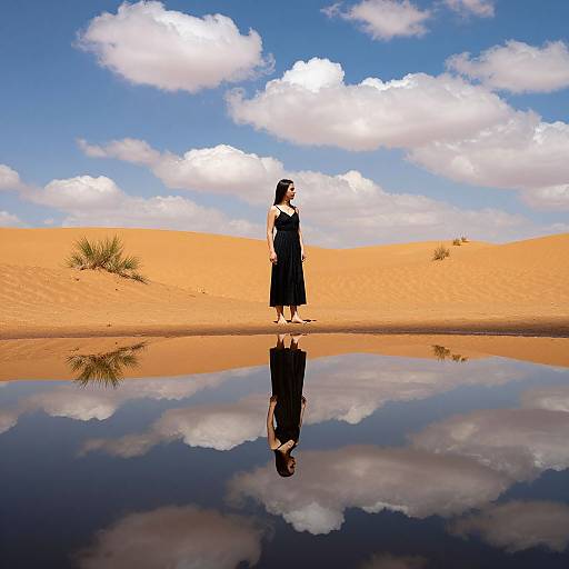 Woman in black dress stands in desert with golden sand dunes, reflected in calm water, under blue sky with fluffy clouds.
