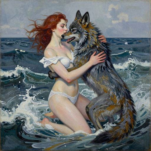 Oil painting: Red-haired woman in white bikini, kneeling in ocean, embracing tall, gray wolf with brown highlights, waves crashing around them.