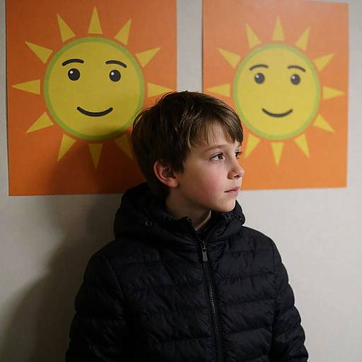 Pensive Young Boy with Colorful Posters