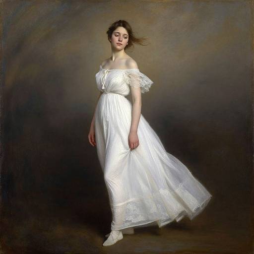 Photograph of a young woman with fair skin and brown hair, wearing an off-shoulder, white, lace-trimmed dress, standing against