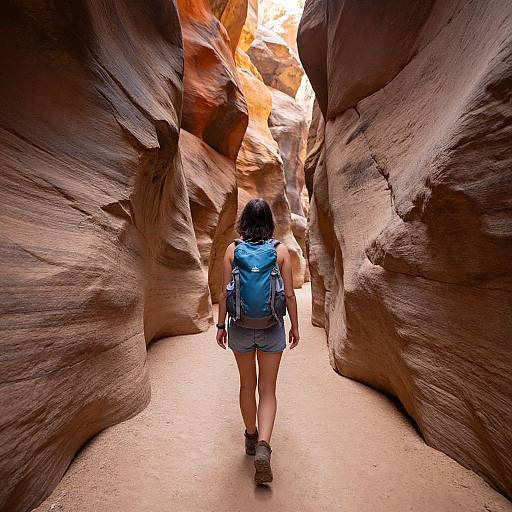 Photograph of a woman with a blue backpack hiking through a narrow, red-orange, sandstone canyon with towering, textured walls.