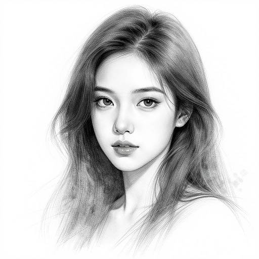Black-and-white digital sketch of an Asian woman with long, wavy hair, large eyes, and a neutral expression, looking directly at the viewer.