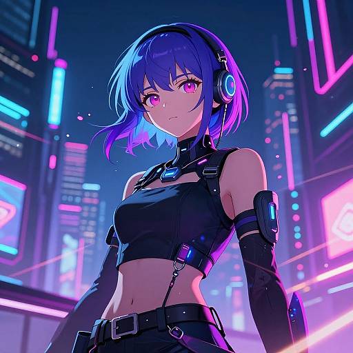 Digital anime artwork of a purple-haired, pink-eyed cyber-girl in a black crop top and arm guards, standing in a neon-lit futuristic cityscape