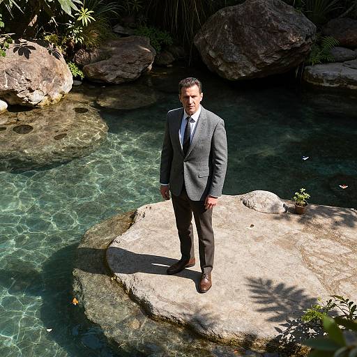 Photograph of a serious-looking man in a gray suit standing on a sunlit rock in a clear, turquoise, forested stream.
