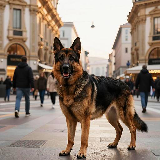Photograph of a German Shepherd standing on a bustling European street, with blurred pedestrians and ornate buildings in the background.