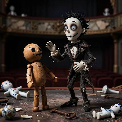 Whimsical Tim Burton Style Ventriloquist and Wooden Dummy