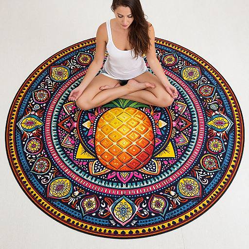 Photograph of a brunette woman in a white tank top and shorts, sitting cross-legged on a vibrant, circular, mandala-style rug with an orange