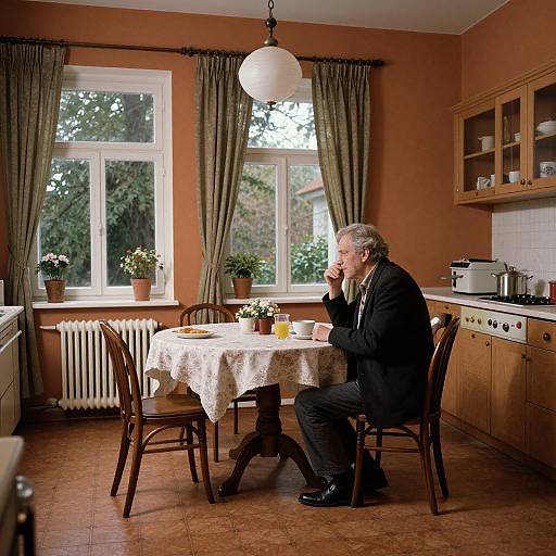 Photograph of an elderly man with gray hair, wearing a black jacket, sitting alone at a wooden table in a warm-toned kitchen, thinking,