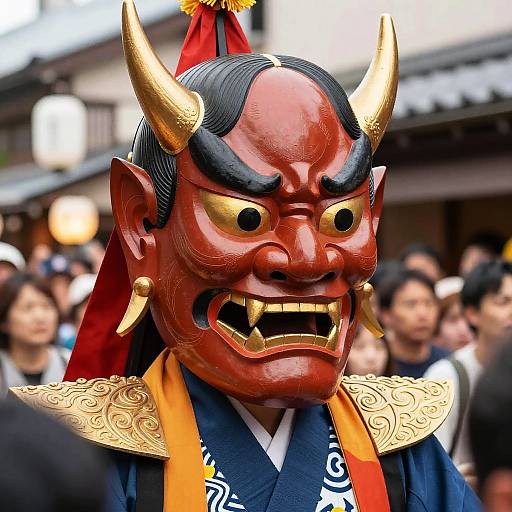 Photograph of a performer in a vivid red, horned devil mask with gold accents, black hair, and yellow fangs, wearing a traditional blue